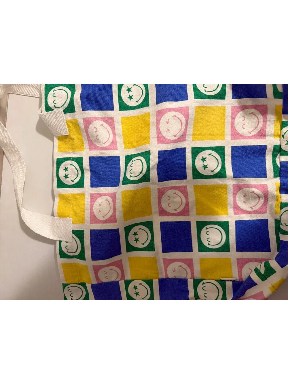 Smiley Face Checkered Canvas Tote